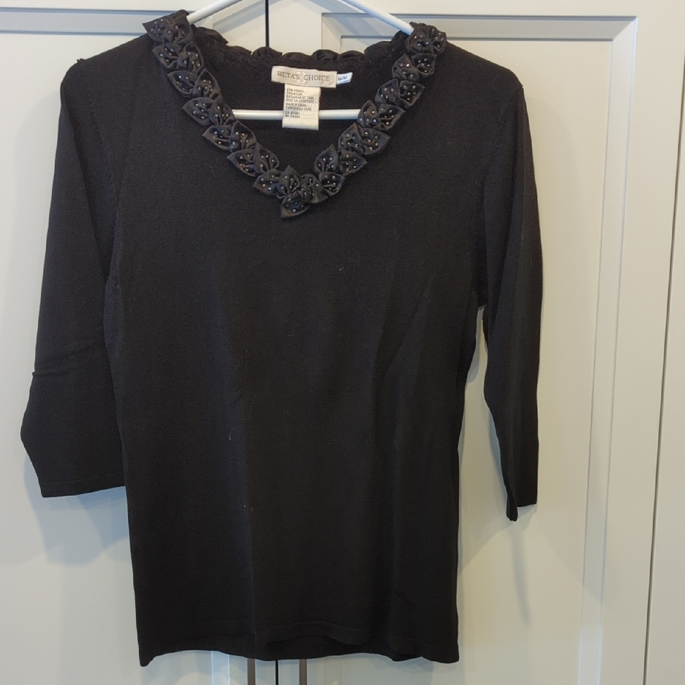 Black Top with Floral Embellished Neckline